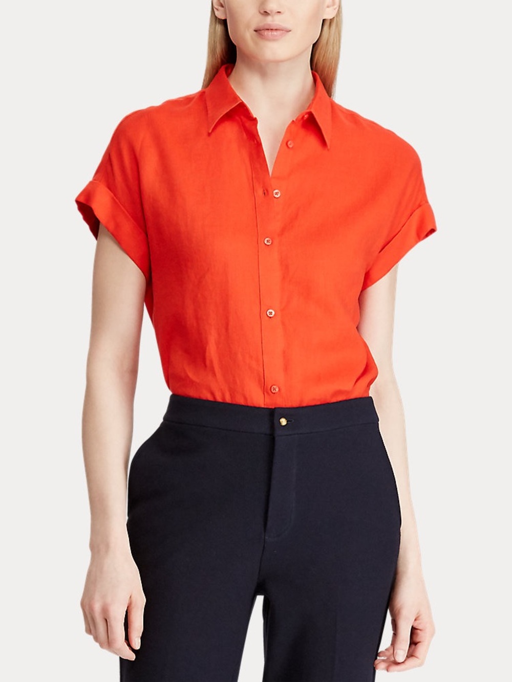 Lauren Ralph Lauren Bright Orange Short-Sleeve Linen Button-Up - Picture 2 of 5